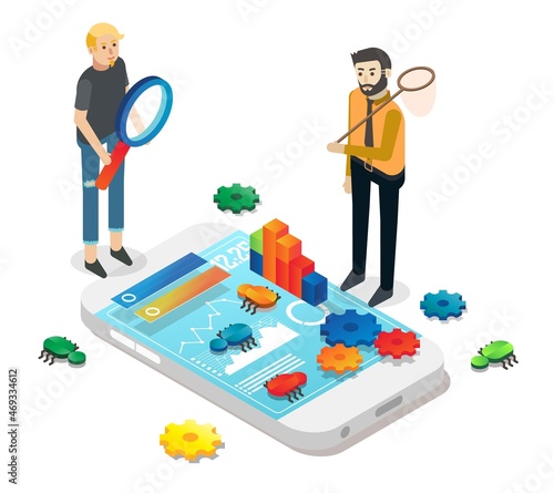 People catching bugs on smarphone screen, vector isometric illustration. Mobile development, testing, quality assurance.