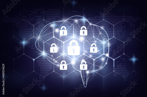 Security key lock icon digital display over the world map and Hexagon shape on  the Artificial intelligence of brain technolog with dark blue background, business technology securities and AI concept