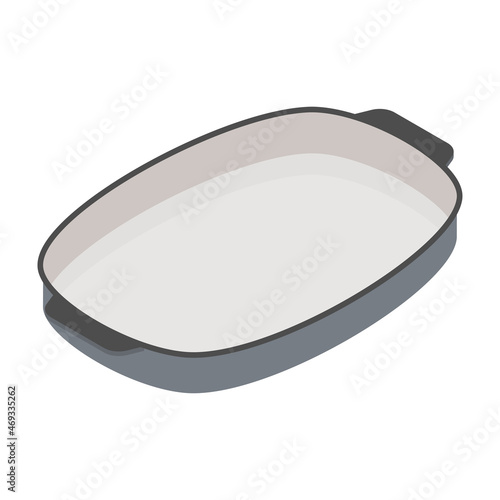 Ceramic pie pan. Round deep pan for baking pie in oven. Isometric icon.