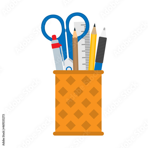 Home and office stationery in stand, isolated on white background.