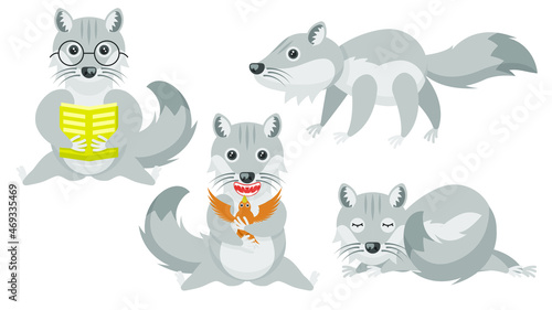 Set Abstract Collection Flat Cartoon 
Different Animal Wolves Wolf Sleeping, Walk, Reading Book, Eating Bird Vector Design Style Elements Fauna Wildlife