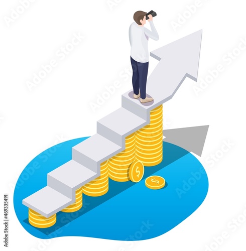 Businessman standing on revenue growth increasing graph, flat vector isometric illustration. Income, profit.