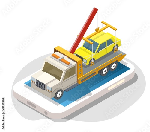Isometric smartphone with yellow car on tow truck on screen. Roadside assistance, car towing online service, vector.