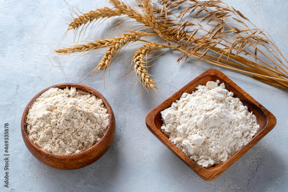 Whole grain flour is made from whole grain and contains bran and wheat flour. Stock Photo