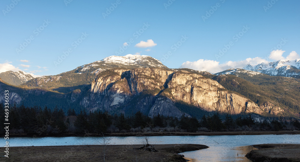 Panoramic View of the Famous Chief Mountain during sunny winter sunset. Located in Squamish, North of Vancouver, British Columbia, Canada. Nature Background Panorama