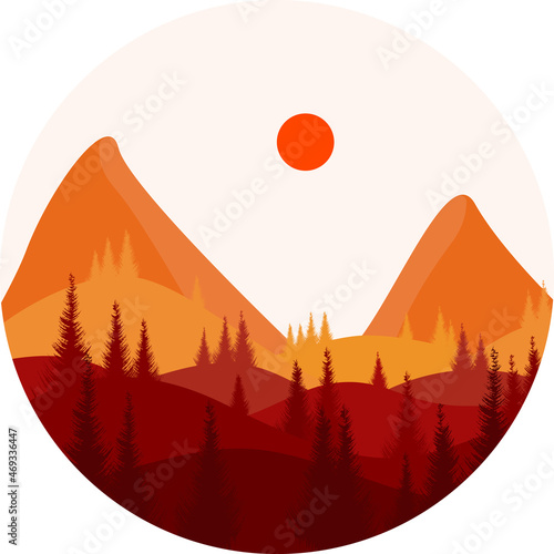 Realistic mountain landscape. Vector forest hiking background
