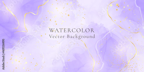 Purple lavender liquid watercolor background with golden lines. Pastel violet marble alcohol ink drawing effect. Vector illustration design template for wedding invitation, menu, rsvp