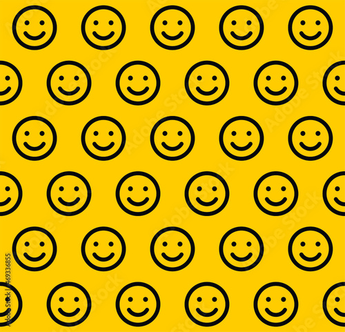 Smile Face Seamless Pattern on Yellow Background. Vector