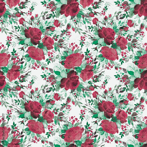 Floral abstract seamless pattern drawn delicate bouquets of roses with herbs . Beautiful print for decoration of textiles and design. Flower background. Art drawing for surface. Tenderness decor.