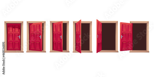 Cartoon doors open animation. Opened and closed home door in different positions. Isolated vector illustrations set photo