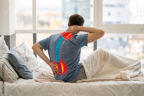Canvastavla Intervertebral hernia, neck and lumbar pain, man suffering from backache at home