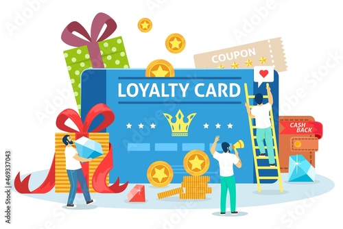 Cashback bonuses, discount card, coupon for online purchases. Customer reward loyalty program, buyers attraction, vector