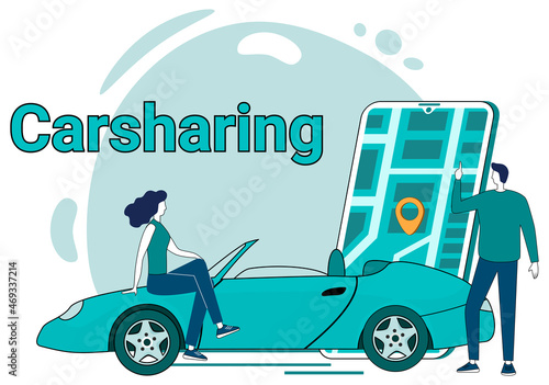 Carsharing.People on the background of a car and a smartphone use carsharing services.Flat vector illustration in green.