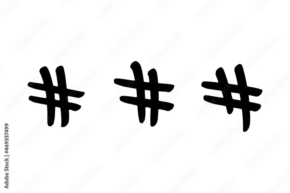 Obraz premium Hashtag signs. Number sign, hash, or pound sign. Collection of 3 black hand painted symbols isolated on a white background.