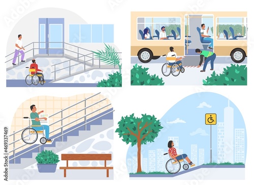 People in wheelchairs moving freely within city public places accessible for disabled. Barrier free environment, vector.