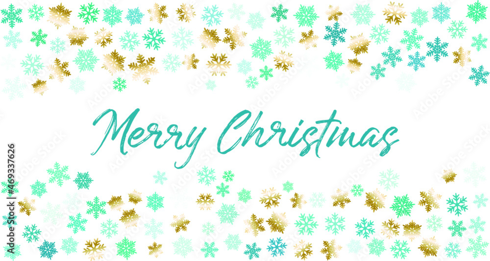 Merry Christmas card with gold turquoise snowflakes on white background. Flying teal confetti and cyan snowflakes Merry Christmas greeting card with calligraphic gold text. Merry Christmas card with gold turquoise snowflakes on white background. Flying teal confetti and cyan snowflakes Merry Christmas greeting card with calligraphic gold text.