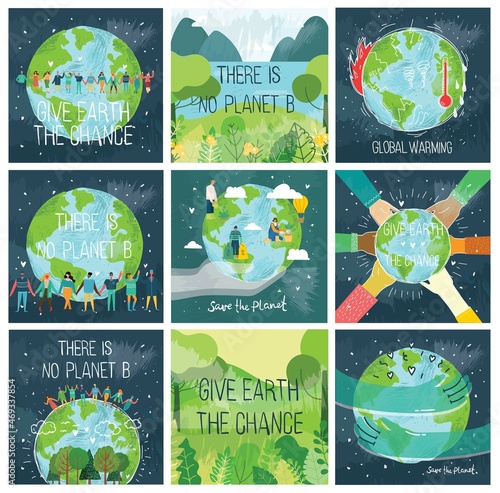 People Characters trying to Save Planet Earth. Global Warming and Climate Change Concept.