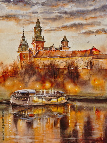 Watercolor painting of Wawel castle famous landmark in Krakow Poland at autumn evening.