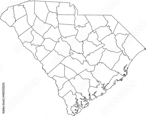 White blank vector administrative map of the Federal State of South Carolina, USA with black borders of its counties