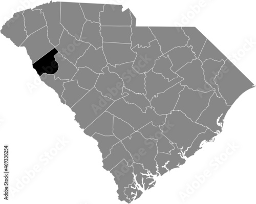 Black highlighted location map of the Abbeville County inside gray administrative map of the Federal State of South Carolina, USA
