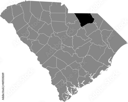 Black highlighted location map of the Chesterfield County inside gray administrative map of the Federal State of South Carolina, USA