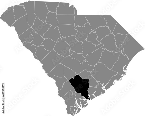 Black highlighted location map of the Colleton County inside gray administrative map of the Federal State of South Carolina, USA photo