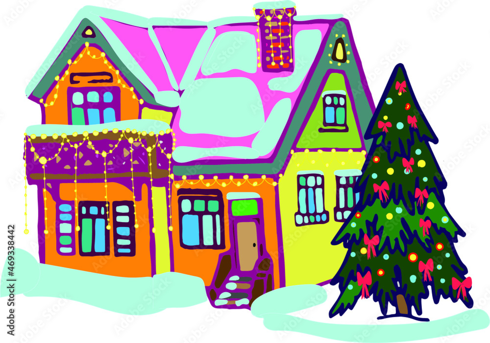 Vector hand drawn doodle house colored, Christmas decorated house, Christmas tree, New Year village house, colored doodle, countryside, snow, lettering Cozy house, bright colours doodle