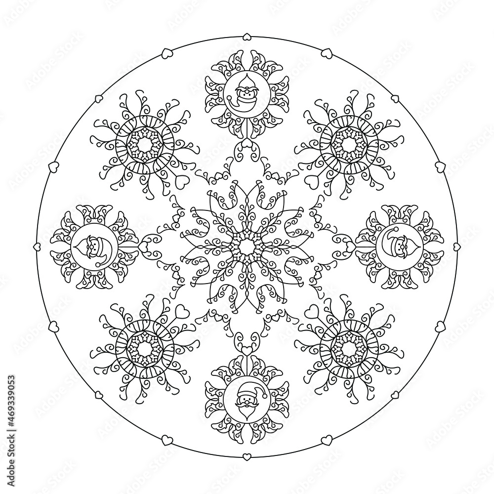 Christmas mandala. Santa head, fancy snowflakes and little hearts. Christmas coloring page. Vector illustration.