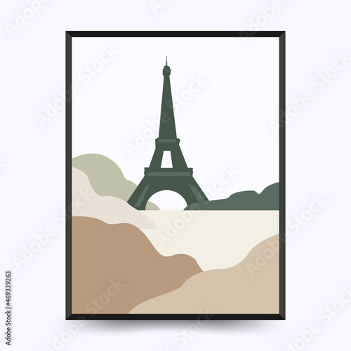 Travel poster post card vintage template. Limited colors, no gradients. Vector illustration. Eiffel Tower, Paris, France