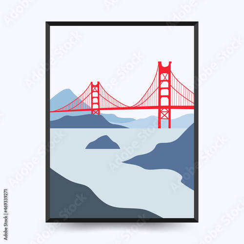 Travel poster post card vintage template. Limited colors, no gradients. Vector illustration. Golden Gate Bridge, San Francisco, USA.