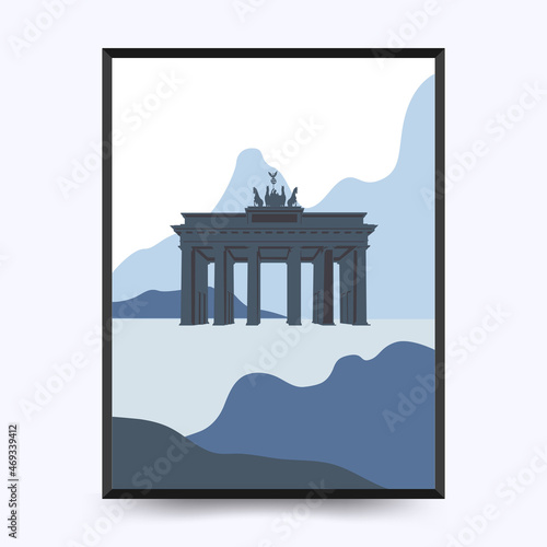Travel poster post card vintage template. Limited colors, no gradients. Vector illustration. Brandenburg Gate,  Berlin, Germany