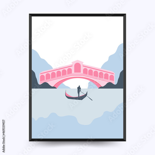 Travel poster post card vintage template. Limited colors, no gradients. Vector illustration. Rialto Bridge, Venice, Veneto, Italy
