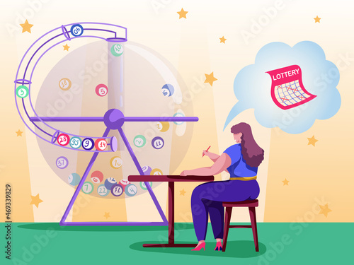 Happy woman play, win, spin lottery machine for lucky jackpot prize money as a hobby. Cartoon character risk, entertain, raffle, draw bingo balls with number from lotto drum. Vector illustration