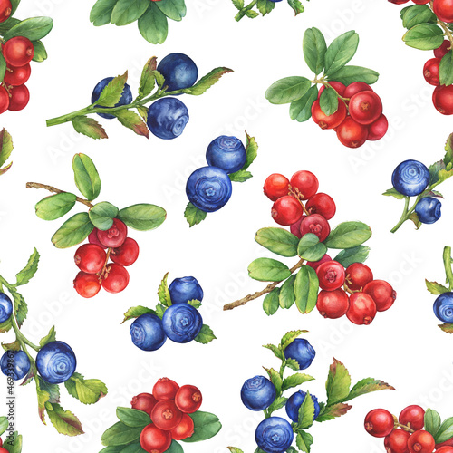 Seamless pattern with Cowberry (Vaccinium vitis-idaea, lingonberry) and blueberry berries (bilberry, whortleberry, huckleberry) Watercolor hand drawn painting illustration isolated on white background