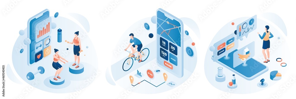 People training and riding bike using fitness and health tracking mobile apps, flat vector isometric illustration.