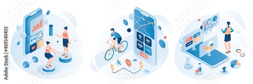 People training and riding bike using fitness and health tracking mobile apps, flat vector isometric illustration. photo