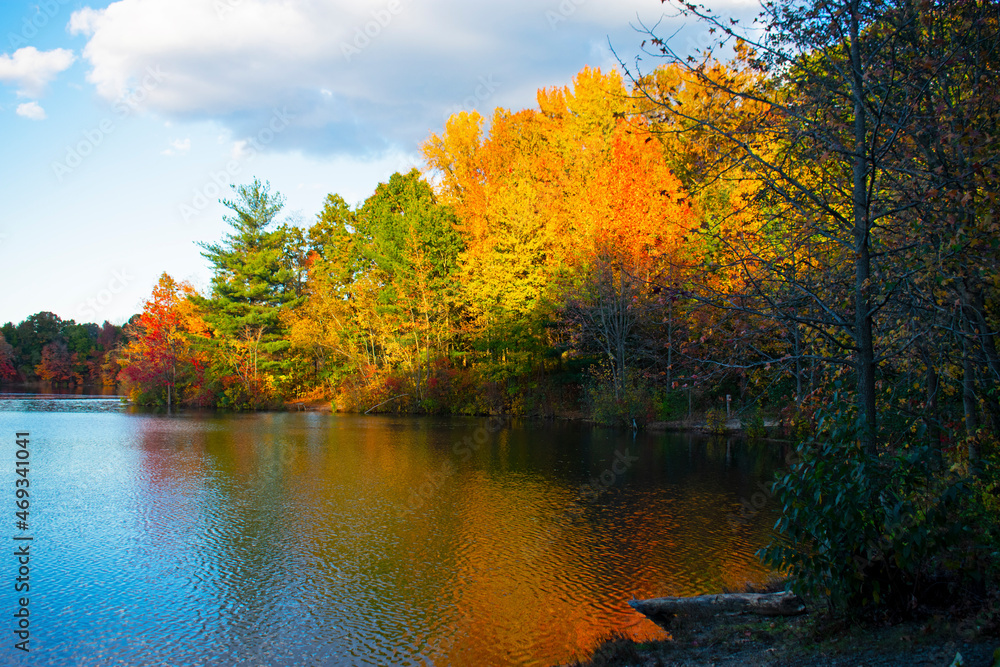 An explosion of Autumn foliage colors surrounds the perimeter of Dallenbach's Lake in East Brunswick, New Jersey, USA -08