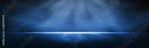 Asphalt blue dark street with smoke. Empty dark scene with neon light. Texture background for display products wall. 