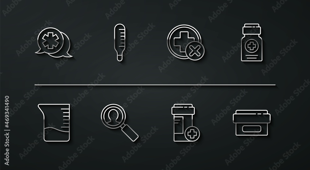 Set line Dialogue with the doctor, Measuring cup, Medicine bottle, Medical analysis, thermometer, Ointment cream tube medicine and Cross hospital medical icon. Vector Set line Dialogue with the doctor, Measuring cup, Medicine bottle, Medical analysis, thermometer, Ointment cream tube medicine and Cross hospital medical icon. Vector