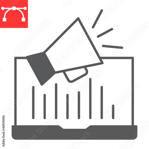 Online marketing glyph icon, promotion and business, laptop with megaphone vector icon, vector graphics, editable stroke solid sign, eps 10.