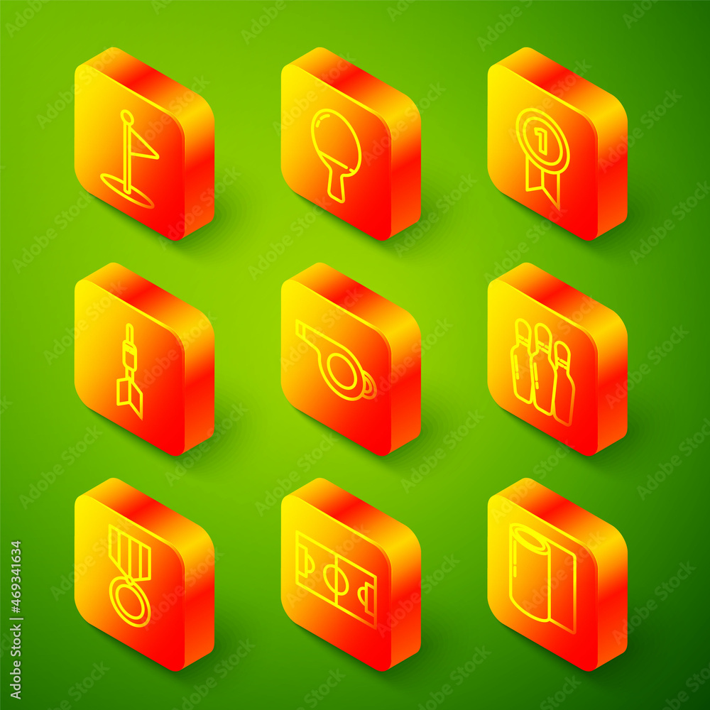 Set line Golf flag, Racket for playing table tennis, Medal, Dart arrow, Whistle, Bowling pin, and Football soccer field icon. Vector Set line Golf flag, Racket for playing table tennis, Medal, Dart arrow, Whistle, Bowling pin, and Football soccer field icon. Vector