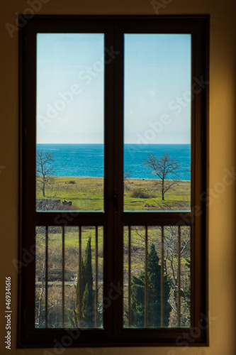view of the sea coast through the window, a green meadow and a blue sky