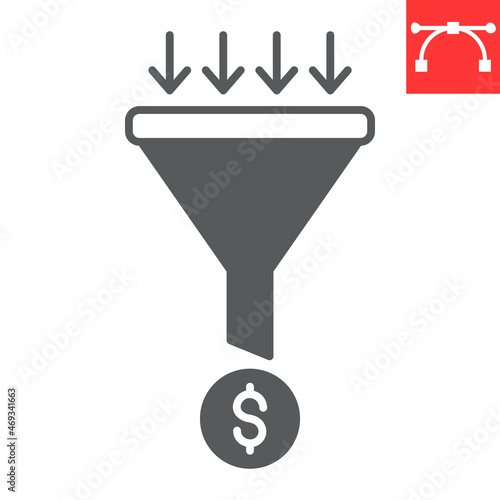 Sales funnel glyph icon, dollar sign and money, sales funnel vector icon, vector graphics, editable stroke solid sign, eps 10.