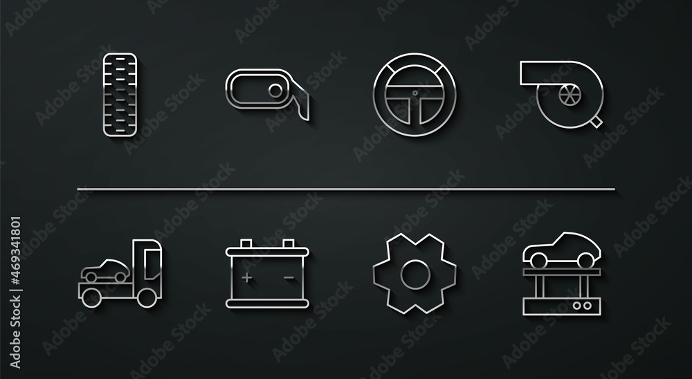 Set line Car tire wheel, transporter truck, Automotive turbocharger, Gear, battery, rearview mirror, Repair car on lift and Steering icon. Vector Set line Car tire wheel, transporter truck, Automotive turbocharger, Gear, battery, rearview mirror, Repair car on lift and Steering icon. Vector