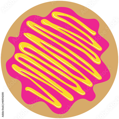 Graphic of a pale brown doughnut circle covered with raspberry pink frosting icing and yellow custard zigzag piping sauce drizzle. Layered SVG illustration.