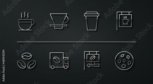 Set line Coffee cup, beans, Street signboard coffee, street truck machine, V60 maker, Cookie or biscuit and to go icon. Vector