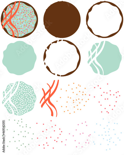 Chocolate brown round circular doughnut with pastel mint green iced frosting, burnt orange piped cross wave sauce drizzle and dot sprinkles. Grouped vector, separated SVG layers suitable as cut file