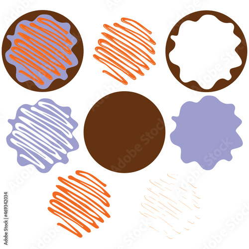 Dark chocolate brown round circular doughnut with lilac purple iced frosting and orange piped icing sauce drizzle. Grouped vector and separated SVG layers, suitable as cut file photo