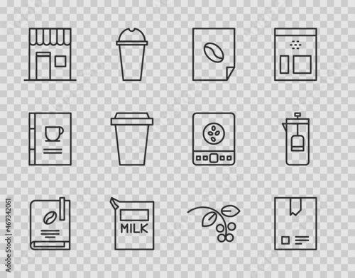 Set line Coffee book, Bag coffee beans, poster, Paper package for milk, shop, cup to go, bean, branch and French press icon. Vector