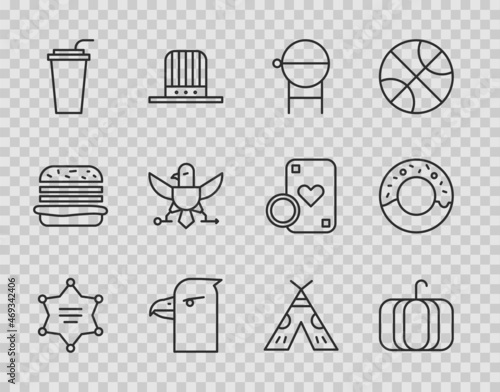 Set line Hexagram sheriff, Pumpkin, Barbecue grill, Eagle head, Paper glass with straw, Indian teepee or wigwam and Donut icon. Vector